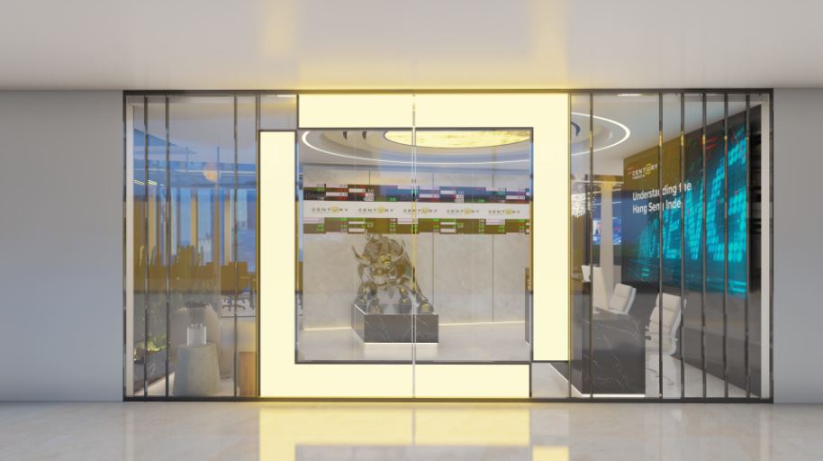 An illuminated entrance door shaped from a client's logo