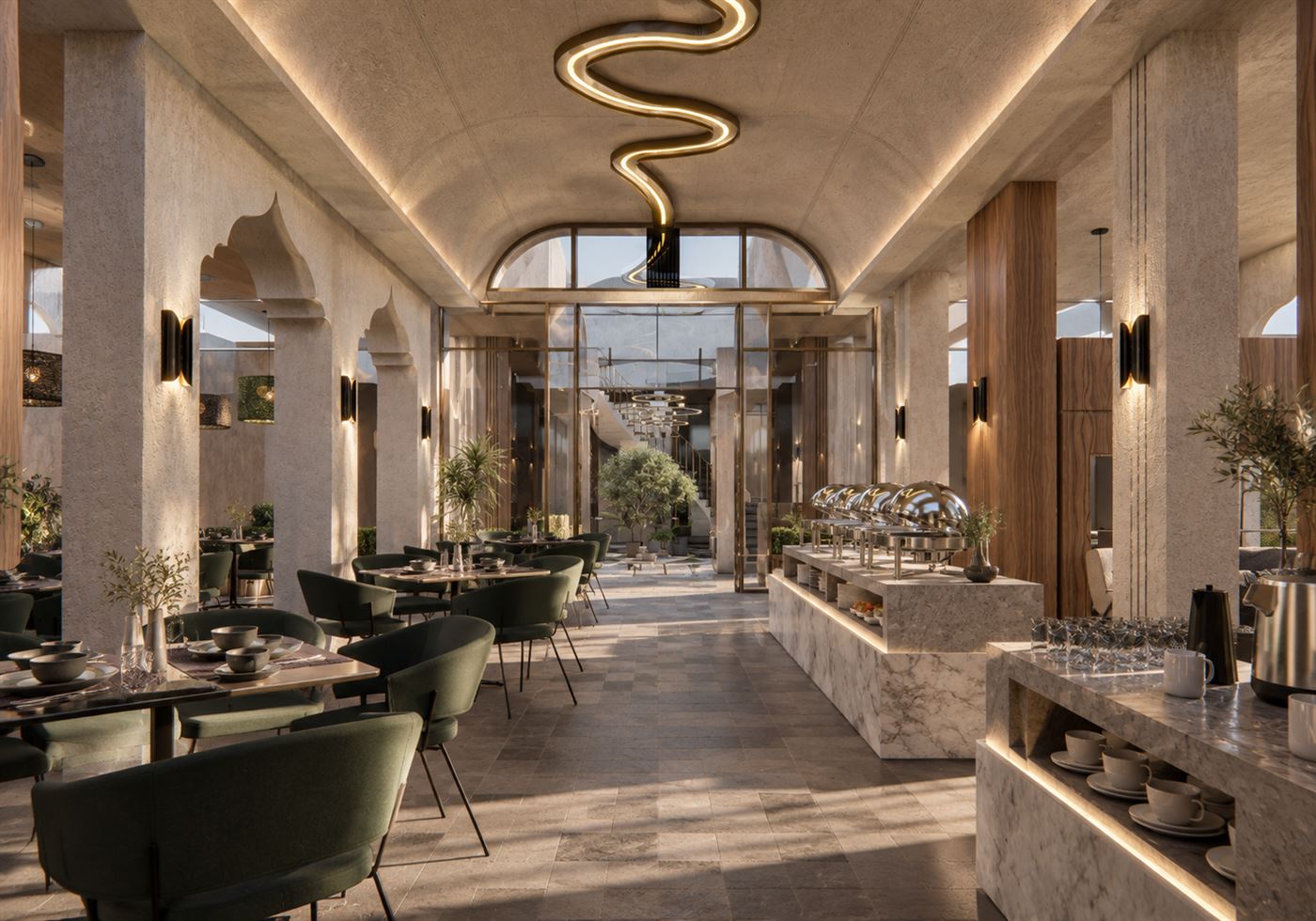 Dining hall with Moorish arches, from Culinary Haven