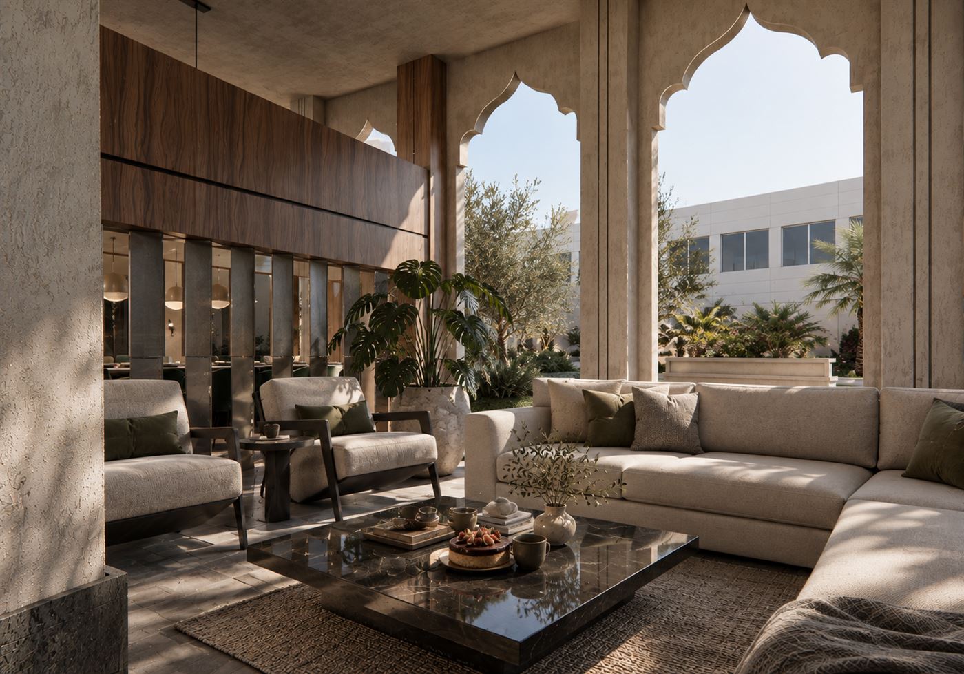 Courtyard lounge with arches and warm plaster, from Culinary Haven