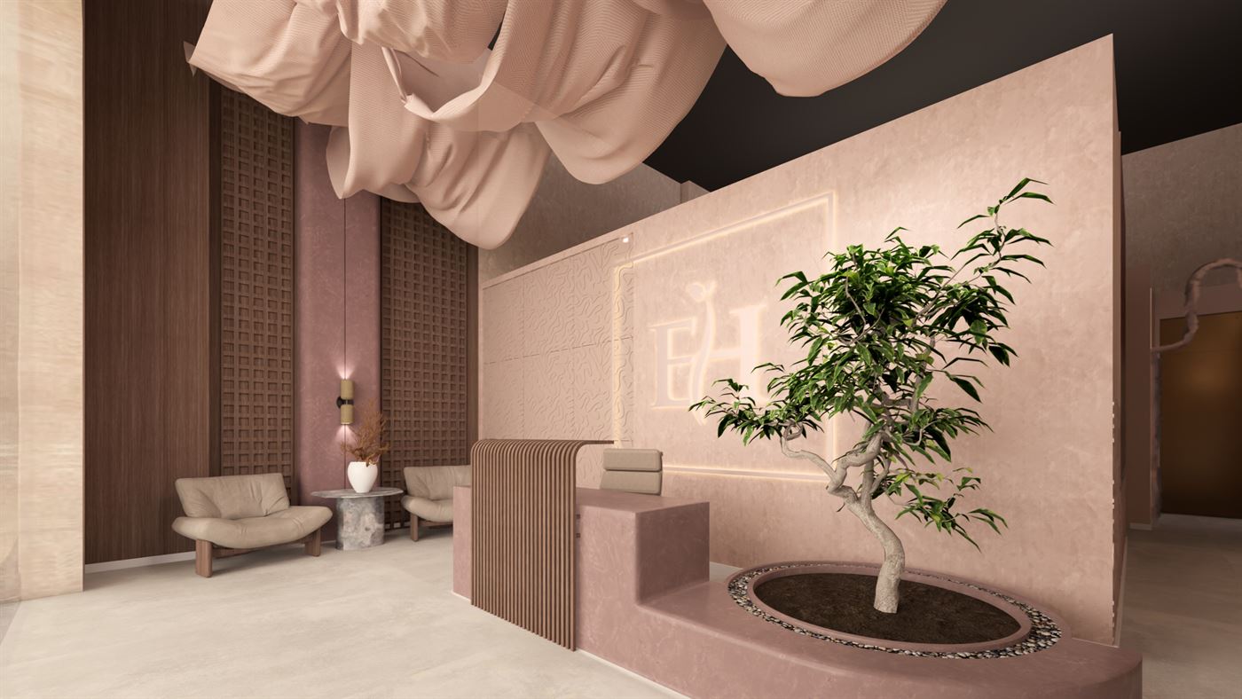 Spa reception with plaster walls and a planted tree